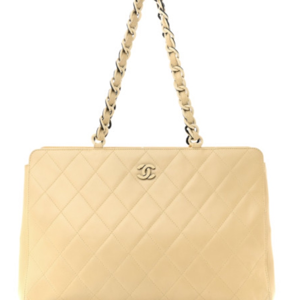 CHANEL Lambskin Quilted CC Shoulder Bag Beige